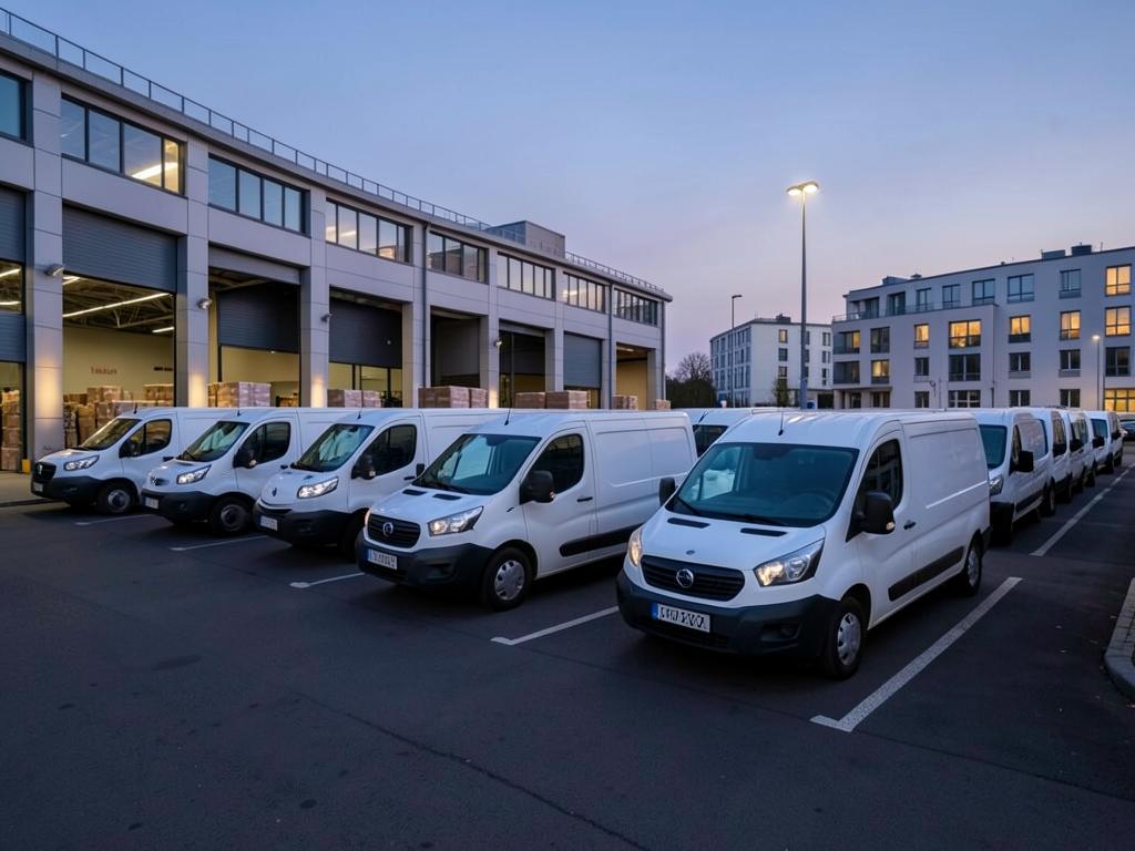 Frota de carrinhas de entrega NEXGO no centro logístico